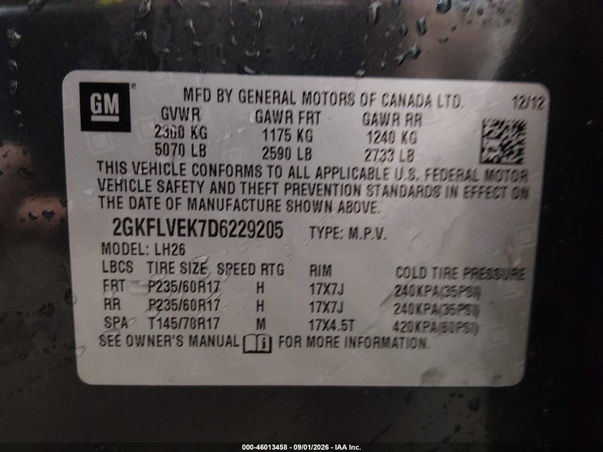 2013 GMC TERRAIN SPORT UTILITY VEHICLE 2.4L I-4 DI, DOHC, VVT, 182HP