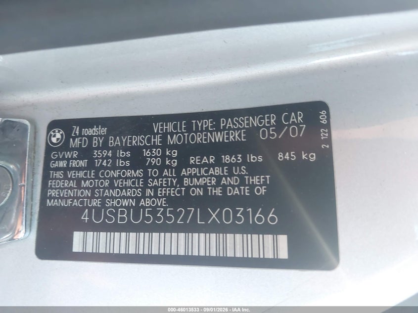 BMW Z4 2007 VIN 4USBU53527LX03166