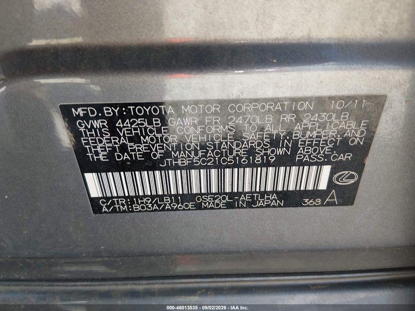LEXUS IS 250 2012 VIN JTHBF5C21C5161819