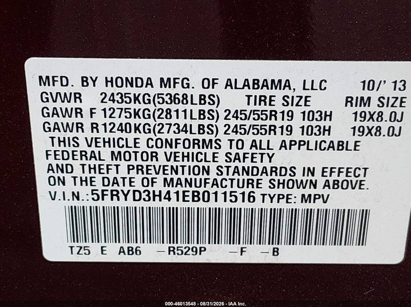 ACURA MDX 2014 VIN 5FRYD3H41EB011516