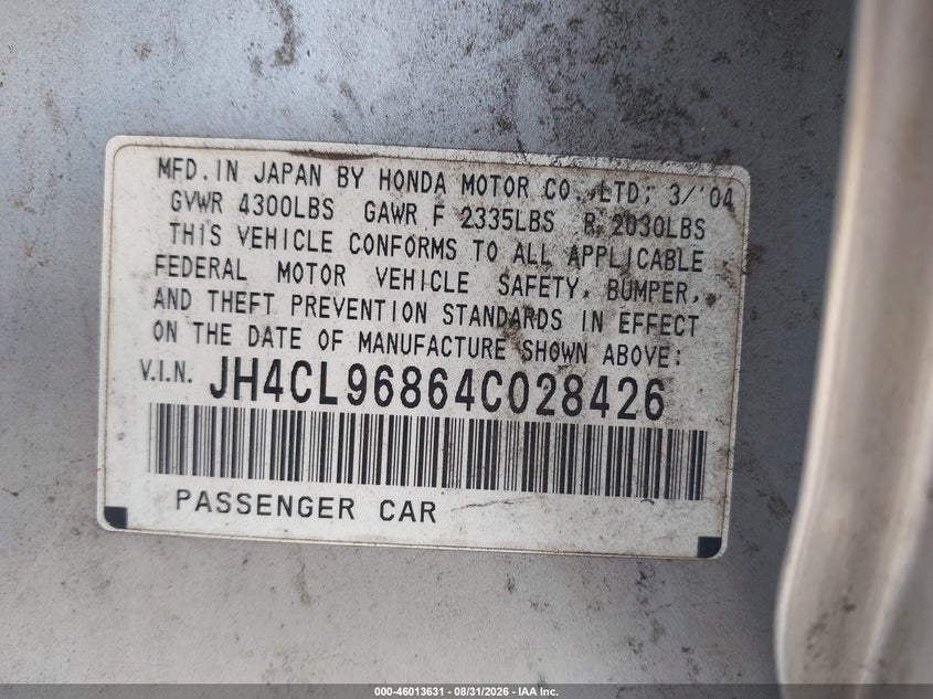 ACURA TSX 2004 VIN JH4CL96864C028426