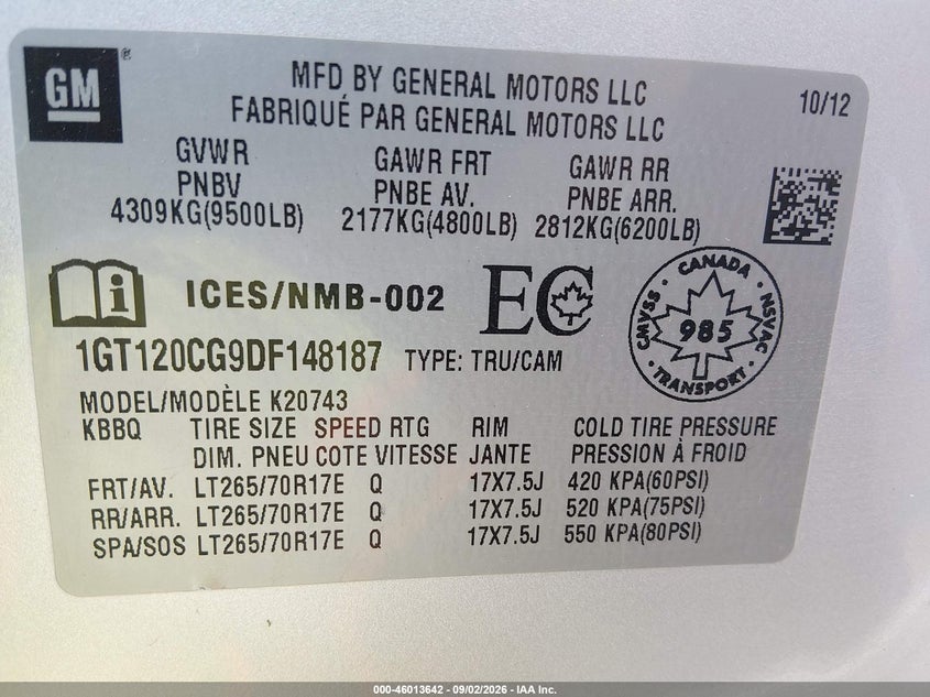 GMC SIERRA 2500HD 2013 VIN 1GT120CG9DF148187