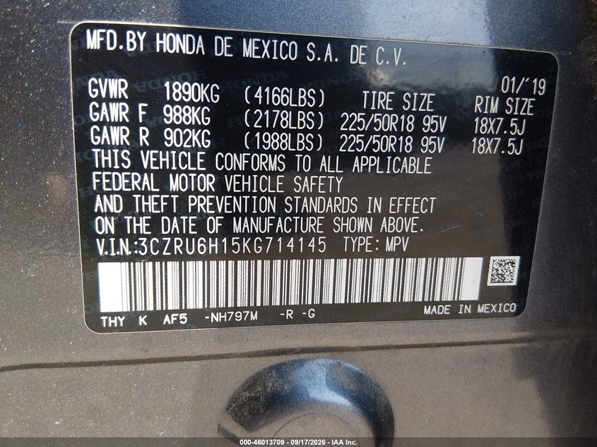 HONDA HR-V 2019 VIN 3CZRU6H15KG714145