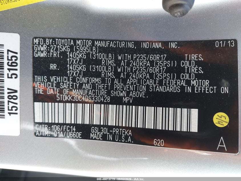 2013 TOYOTA SIENNA VAN 3.5L V-6 DOHC, VVT, REGULAR , 266HP