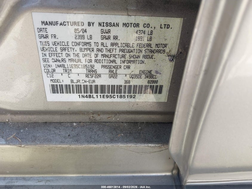 2005 NISSAN ALTIMA SEDAN 3.5L V-6 DOHC, VVT, PREMIUM , 250HP