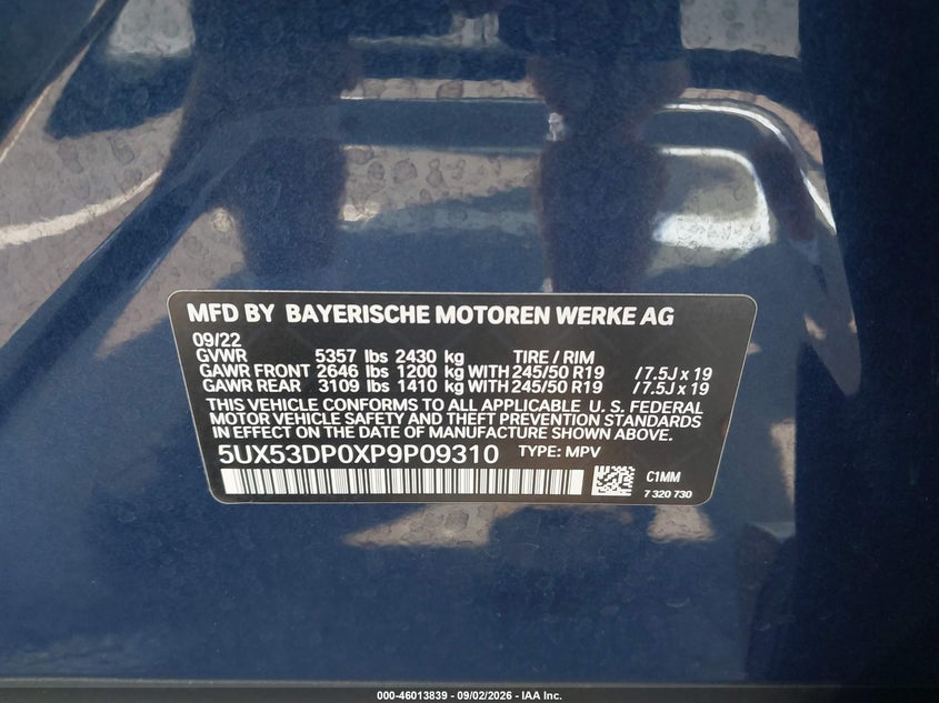 BMW X3 2023 VIN 5UX53DP0XP9P09310