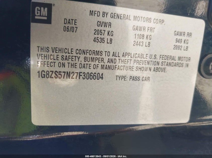 SATURN AURA 2007 VIN 1G8ZS57N27F306604