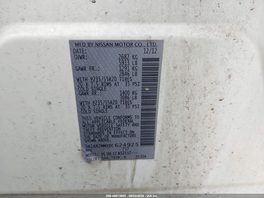 NISSAN PATHFINDER 2013 VIN 5N1AR2MMXDC624925