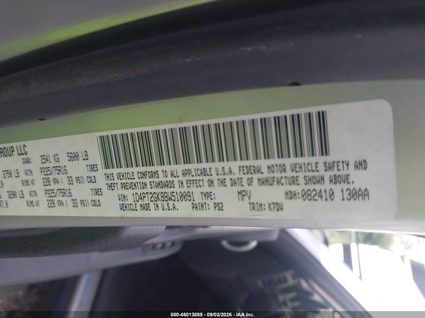 DODGE NITRO 2011 VIN 1D4PT2GK8BW510091