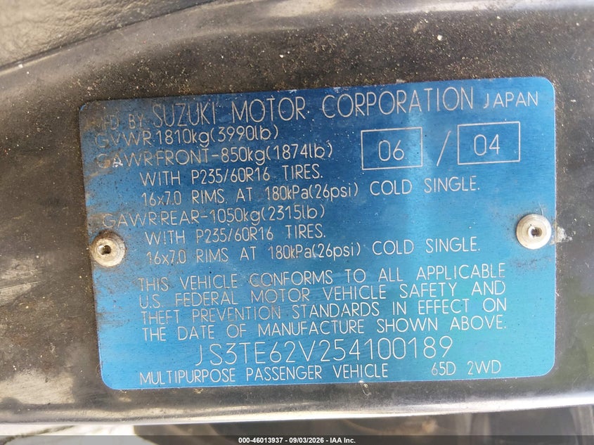 SUZUKI GRAND VITARA 2005 VIN JS3TE62V254100189