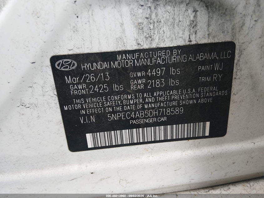 HYUNDAI SONATA 2013 VIN 5NPEC4AB5DH718589