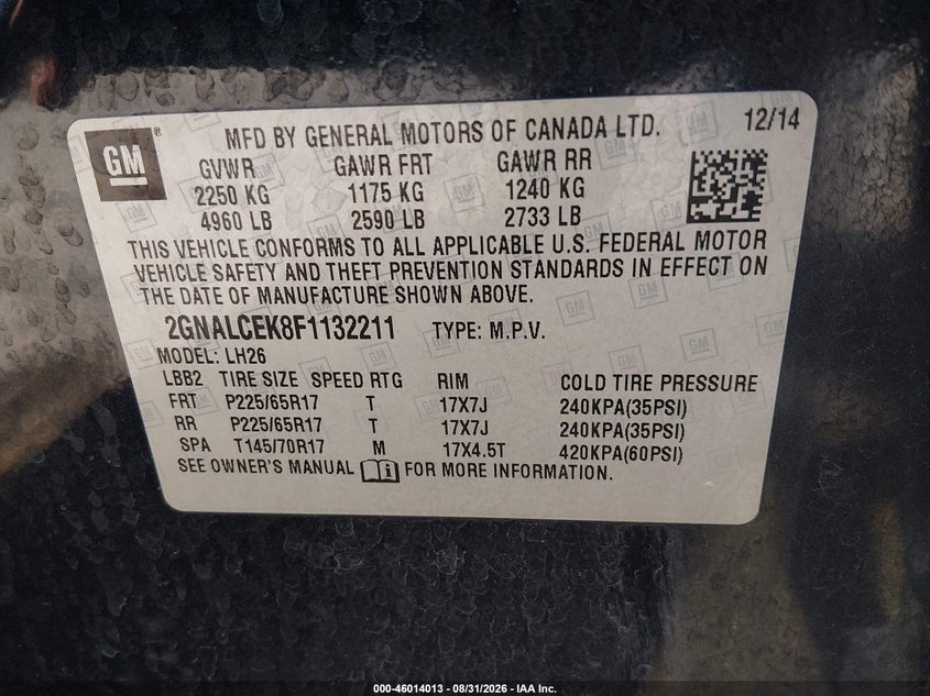 2015 CHEVROLET EQUINOX SPORT UTILITY VEHICLE 2.4L I-4 DI, DOHC, VVT, REGULAR , 182HP