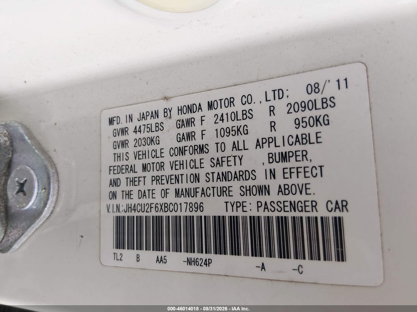 2011 ACURA TSX SEDAN 2.4L I-4 DOHC, VVT, PREMIUM , 201HP