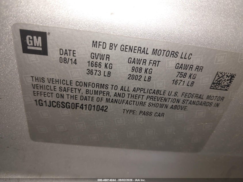 CHEVROLET SONIC 2015 VIN 1G1JC6SG0F4101042