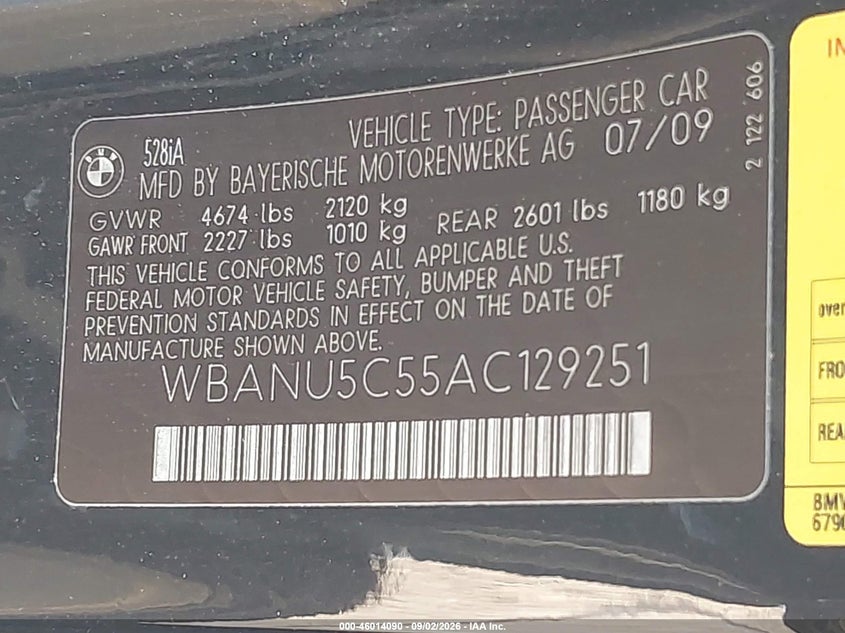BMW 528I 2010 VIN WBANU5C55AC129251