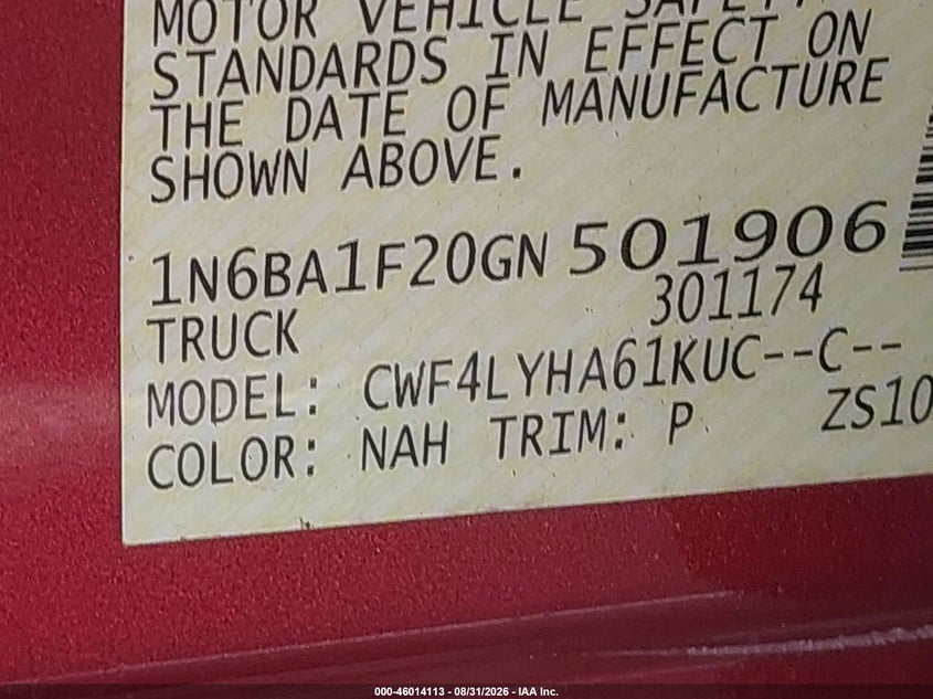 NISSAN TITAN XD 2016 VIN 1N6BA1F20GN501906