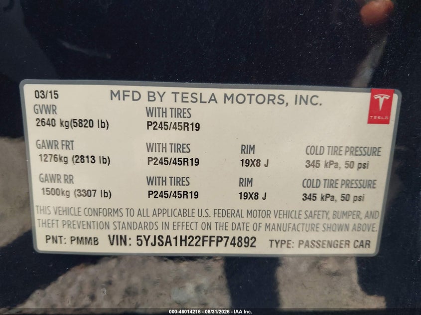 TESLA MODEL S 2015 VIN 5YJSA1H22FFP74892