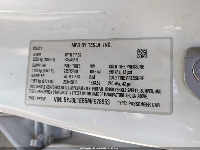 TESLA MODEL 3 2021 VIN 5YJ3E1EB5MF978953
