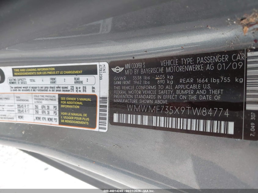 MINI COOPER S 2009 VIN WMWMF735X9TW84774