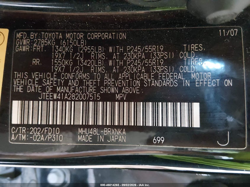 TOYOTA HIGHLANDER HYBRID 2008 VIN JTEEW41A282007515