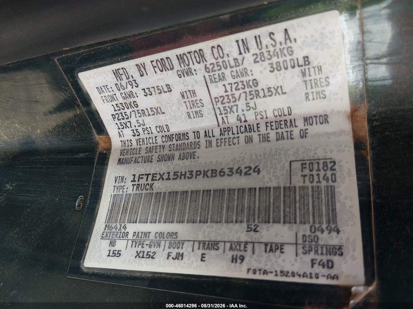 FORD F150 1993 VIN 1FTEX15H3PKB63424