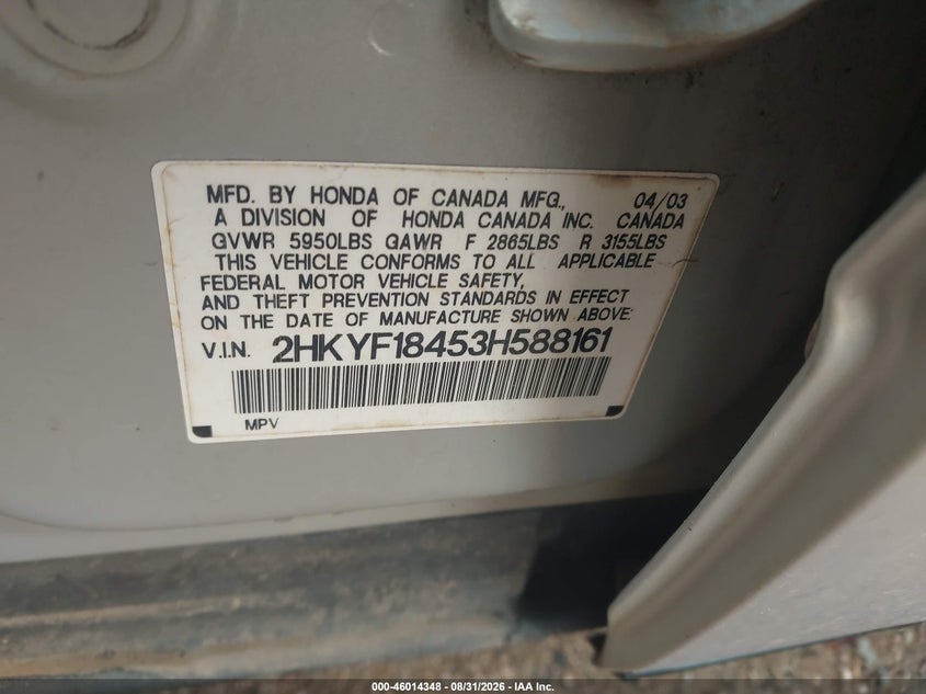 HONDA PILOT 2003 VIN 2HKYF18453H588161