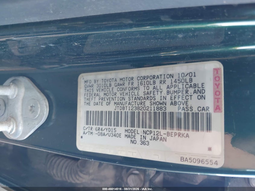 TOYOTA ECHO 2002 VIN JTDBT123820211883