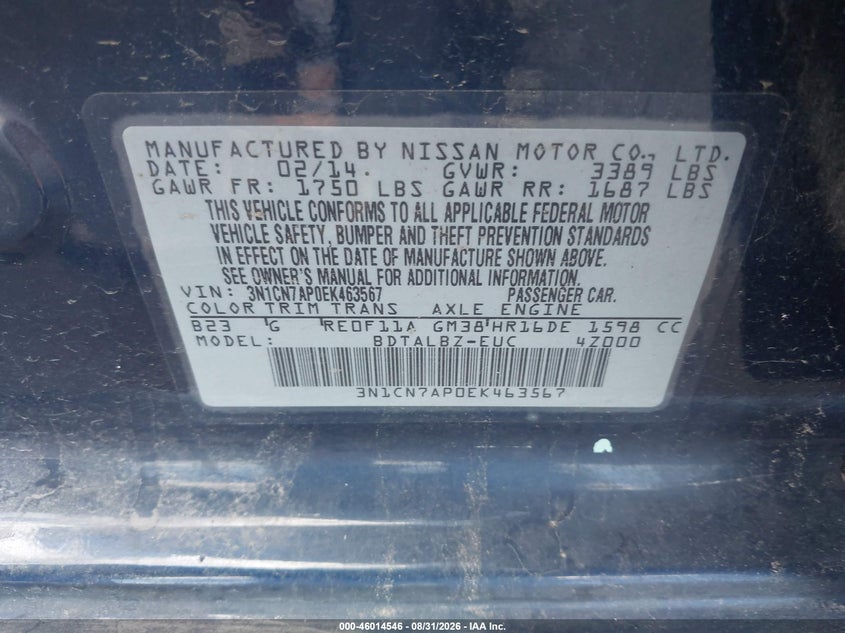 NISSAN VERSA 2014 VIN 3N1CN7AP0EK463567