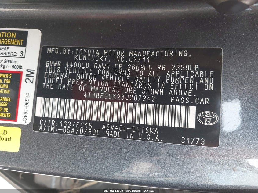 2011 TOYOTA CAMRY SEDAN 2.5L I-4 DOHC, VVT, REGULAR , 179HP