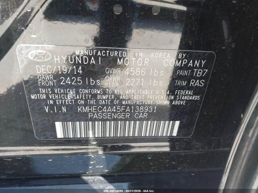 2015 HYUNDAI SONATA SEDAN 2.4L I-4 DOHC, VVT, REGULAR , 159HP