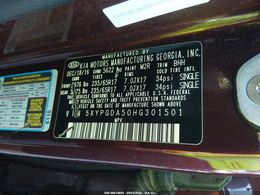 KIA SORENTO 2017 VIN 5XYPGDA50HG301501