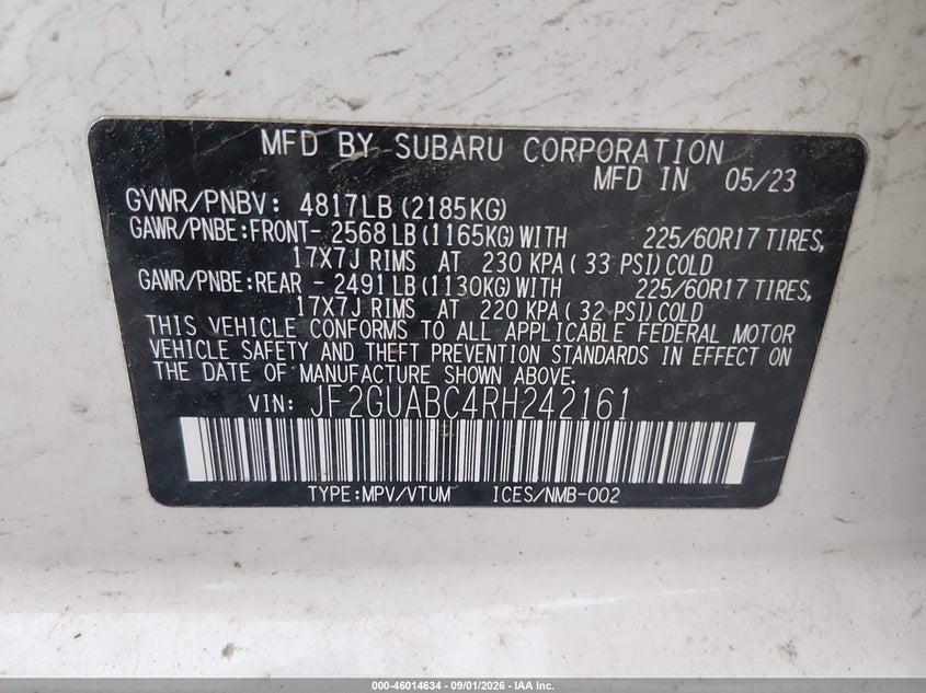 SUBARU CROSSTREK 2024 VIN JF2GUABC4RH242161