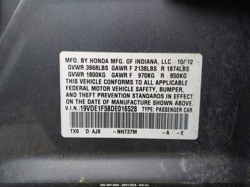 ACURA ILX 2013 VIN 19VDE1F58DE016528
