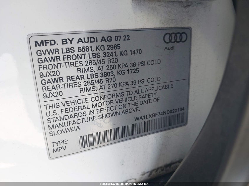 AUDI Q7 2022 VIN WA1LXBF74ND022134