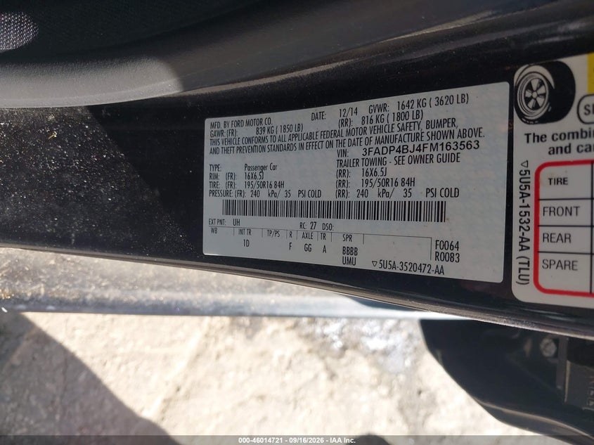 FORD FIESTA 2015 VIN 3FADP4BJ4FM163563