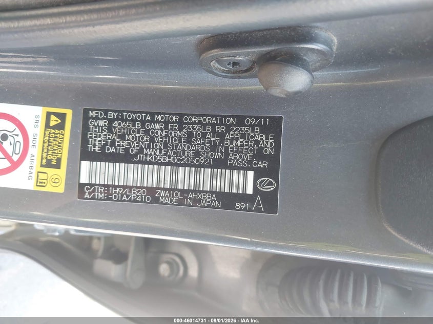 LEXUS CT 200H 2012 VIN JTHKD5BH0C2050921