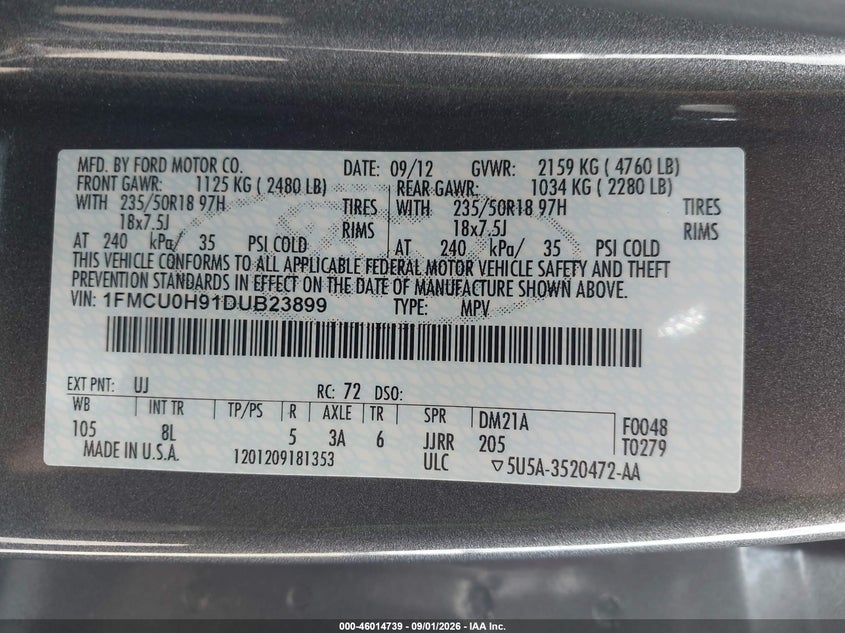 2013 FORD ESCAPE SPORT UTILITY VEHICLE 2.0L I4 FI DOHC 16V NF4