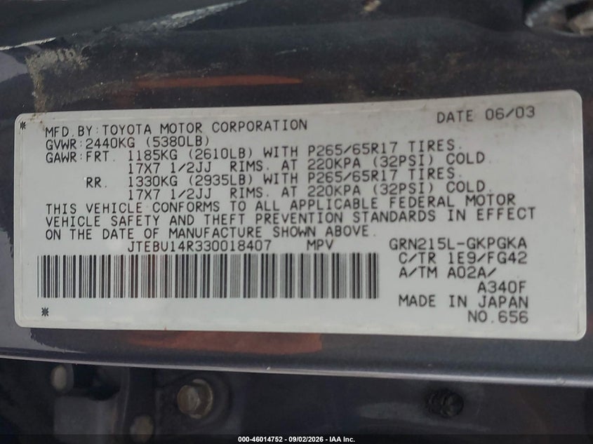 2003 TOYOTA 4RUNNER SPORT UTILITY VEHICLE 4.0L V-6 DOHC, VVT, PREMIUM , 245HP