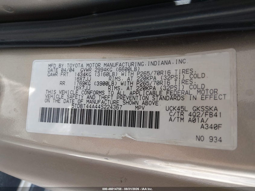 2004 TOYOTA SEQUOIA SPORT UTILITY VEHICLE 4.7L V-8 DOHC, 240HP