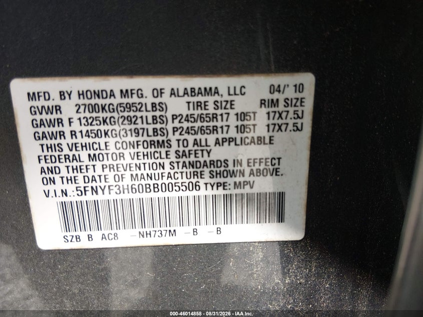 HONDA PILOT 2011 VIN 5FNYF3H60BB005506