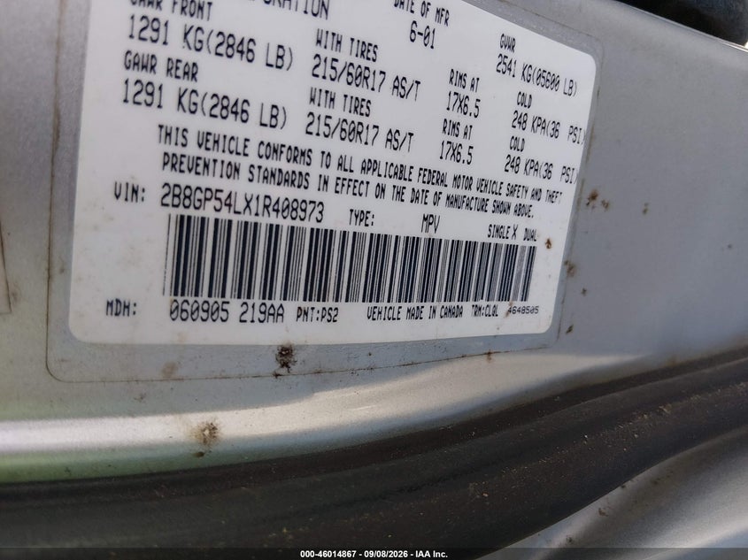 DODGE GRAND CARAVAN 2001 VIN 2B8GP54LX1R408973