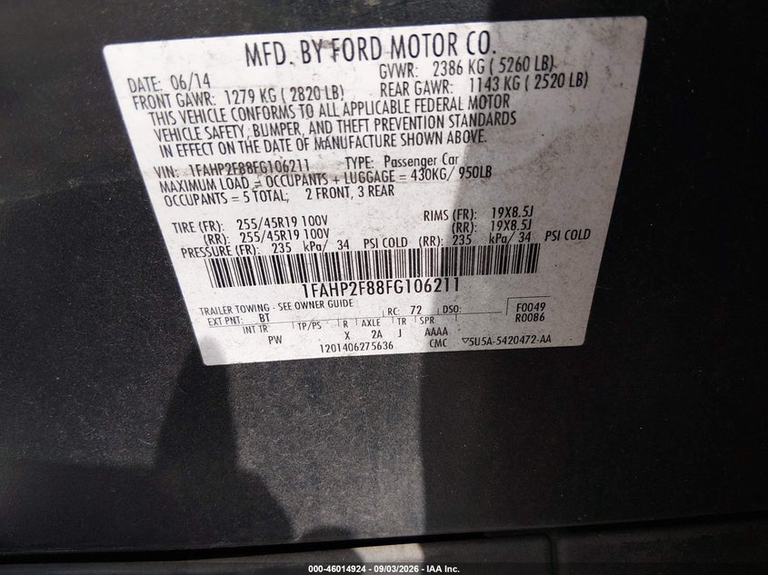 2015 FORD TAURUS SEDAN 3.5L V-6 DOHC, VVT, REGULAR , 288HP