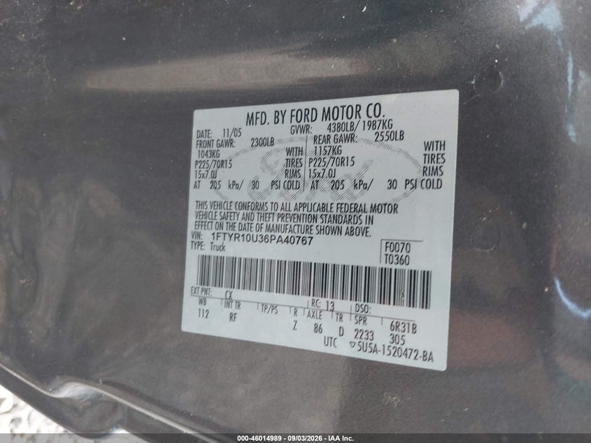 FORD RANGER 2006 VIN 1FTYR10U36PA40767