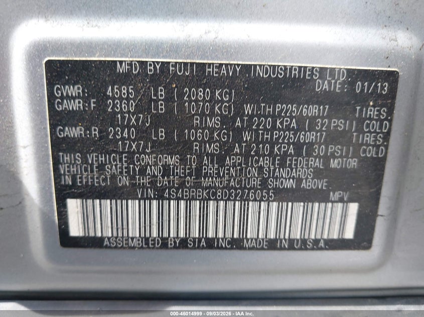 2013 SUBARU OUTBACK SPORT UTILITY VEHICLE 2.5L H-4 DOHC, VVT, REGULAR , 173HP