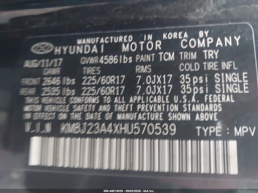 HYUNDAI TUCSON 2017 VIN KM8J23A4XHU570539
