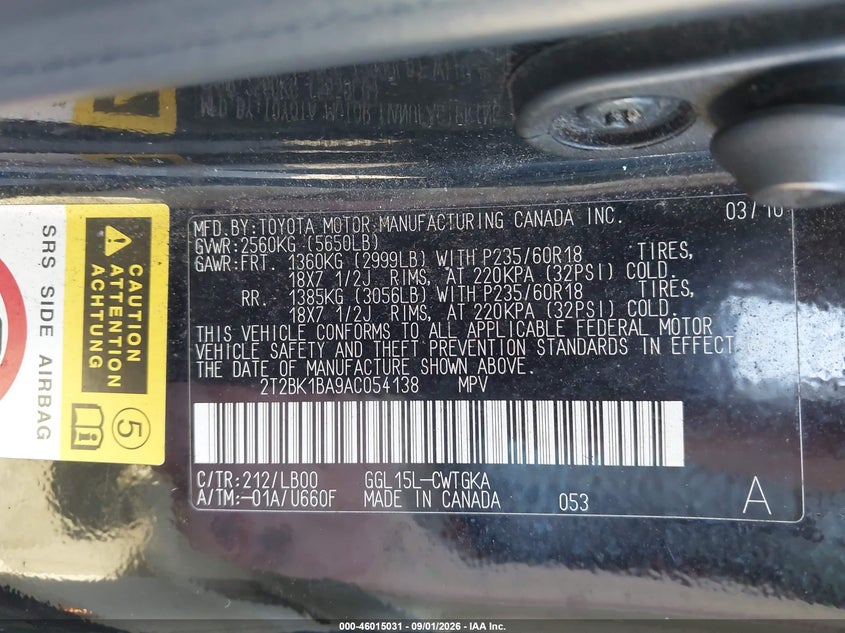 2010 LEXUS RX SPORT UTILITY VEHICLE 3.5L V-6 DOHC, VVT, 275HP