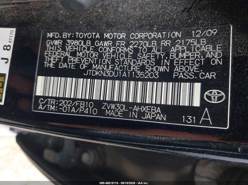 TOYOTA PRIUS 2010 VIN JTDKN3DU1A1135203