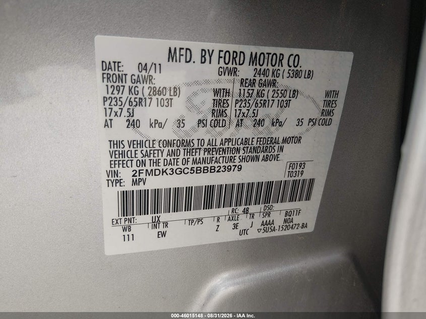 FORD EDGE 2011 VIN 2FMDK3GC5BBB23979