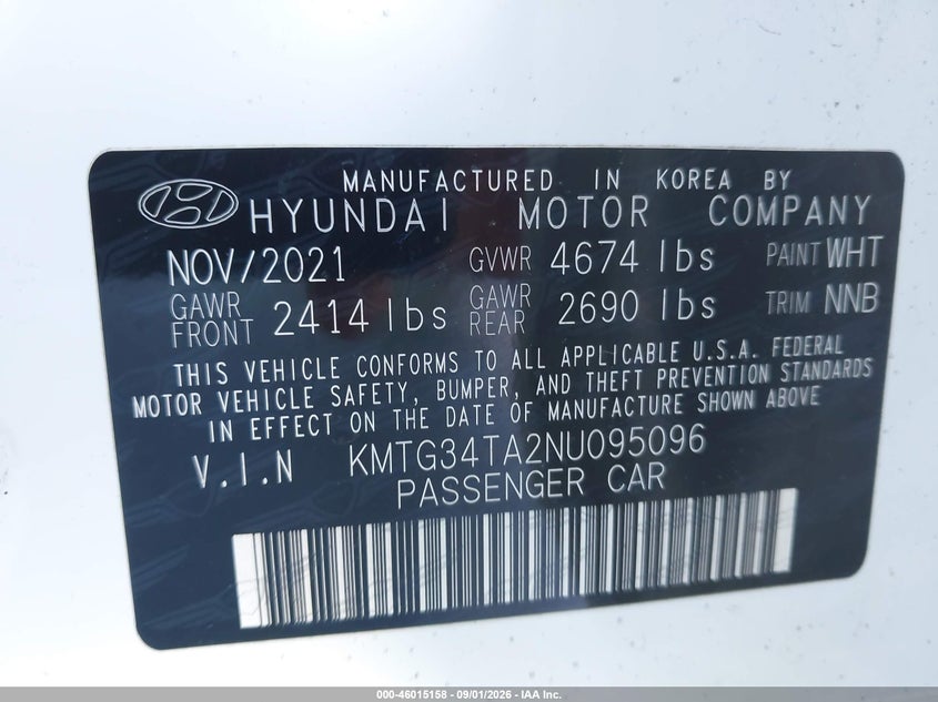 GENESIS G70 2022 VIN KMTG34TA2NU095096