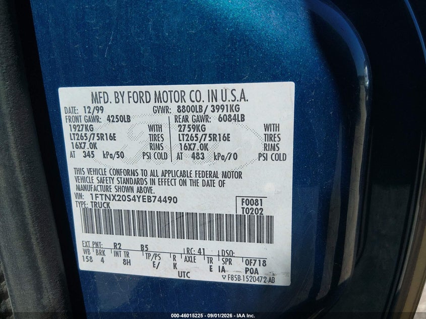 2000 FORD F250 PICKUP 6.8L V-10 REGULAR , 310HP